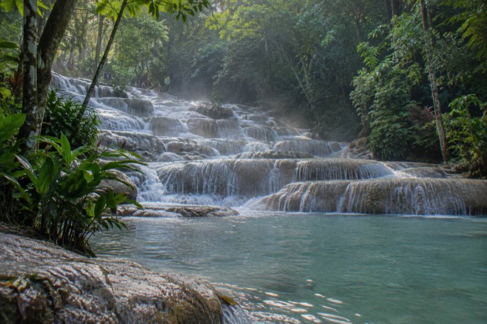 Cool early light in a gorge of terraced limestone steps feeding a clear pool, mist rising among green forest