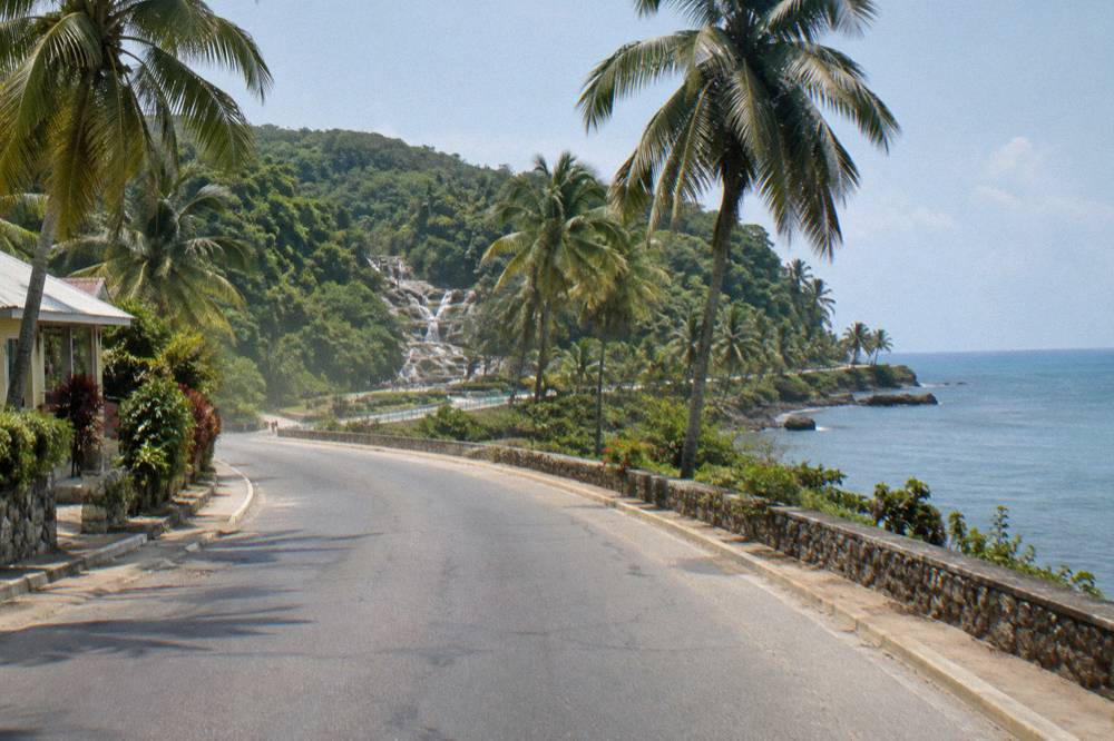 Coastal highway curving along the shoreline with palm trees