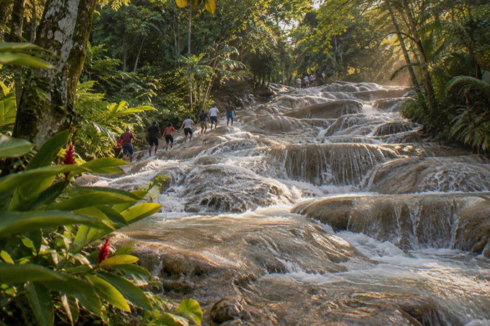 A line of visitors holding hands while wading up a cascading limestone waterfall with water pouring over the steps