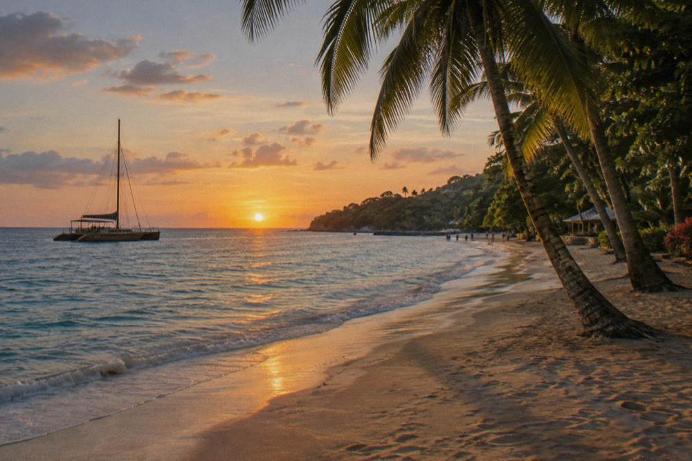 Catamaran anchored beside a sandy beach with palm trees along the shoreline