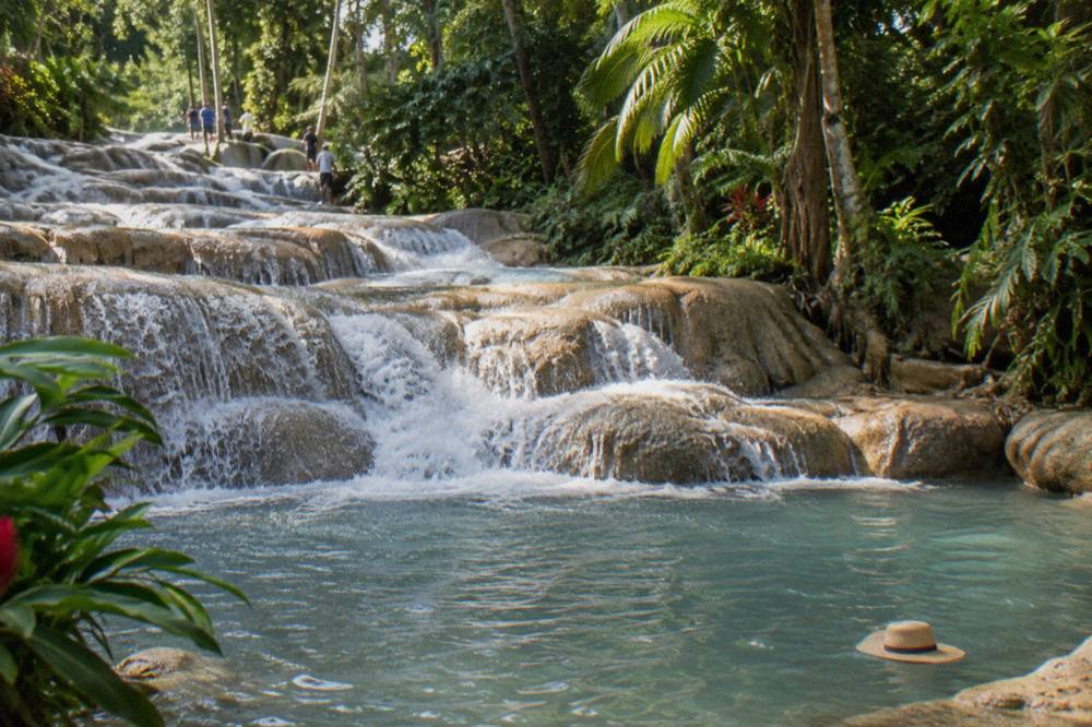 Water tumbling down wide limestone terraces into a natural pool ringed by green trees