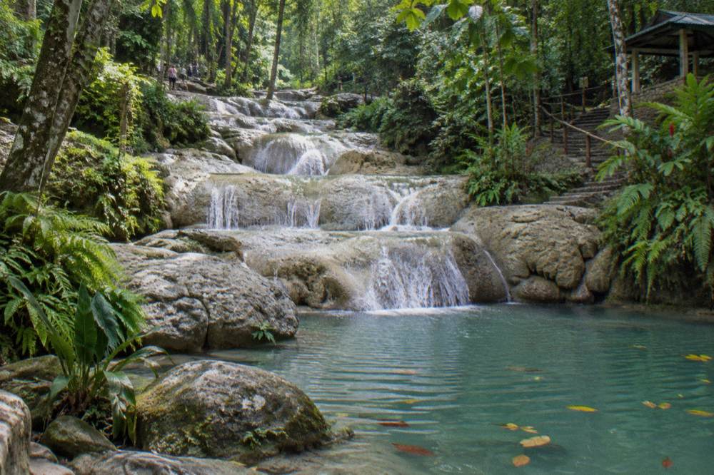 Turquoise natural pool at the base of a small jungle waterfall surrounded by rocks and foliage