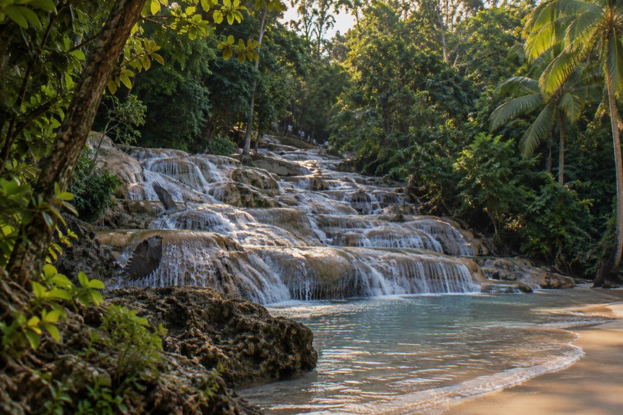 Terraced waterfall cascading through tropical forest toward a small beach at the base
