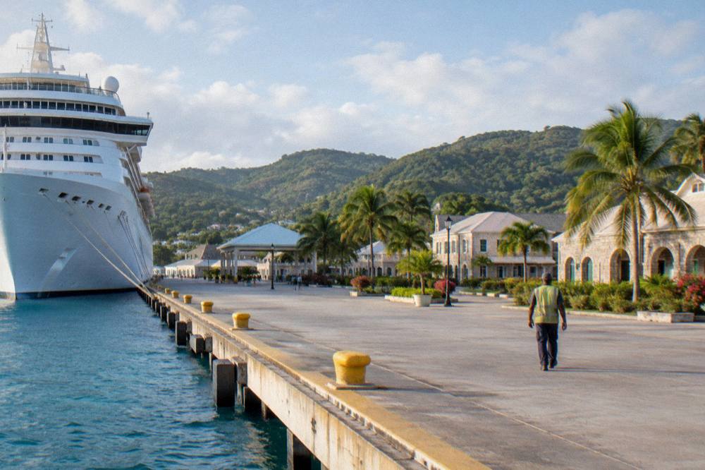 Cruise ship docked at a Caribbean port town with hills behind