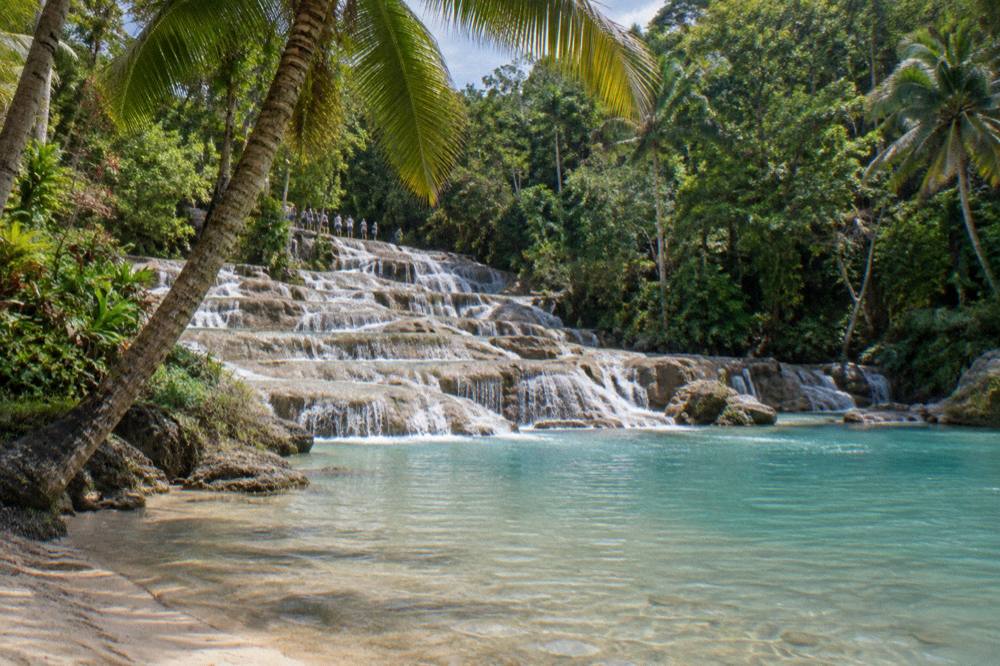 Late morning on a small sandy beach, calm shallows fading to turquoise under leaning coconut palms