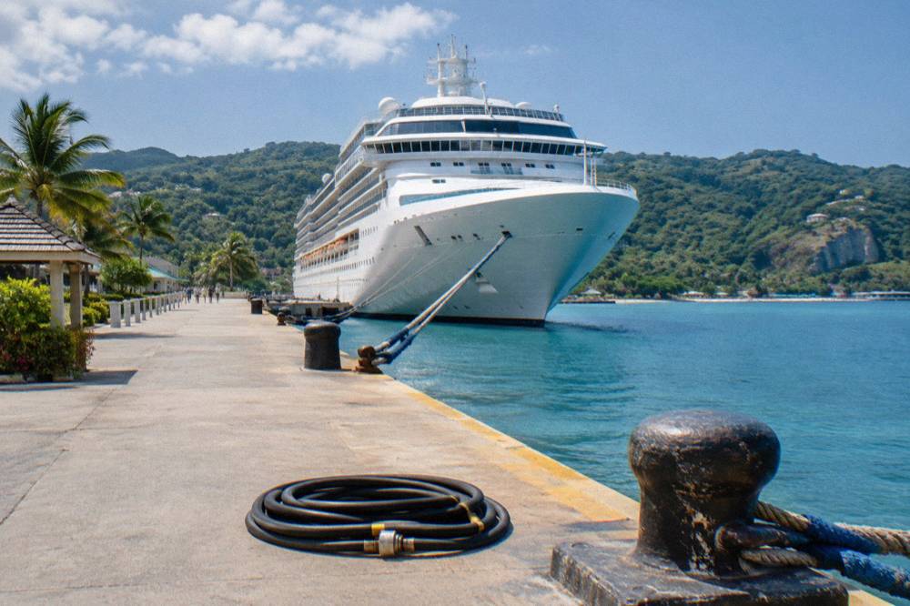 Cruise ship anchored in a harbor surrounded by green hills