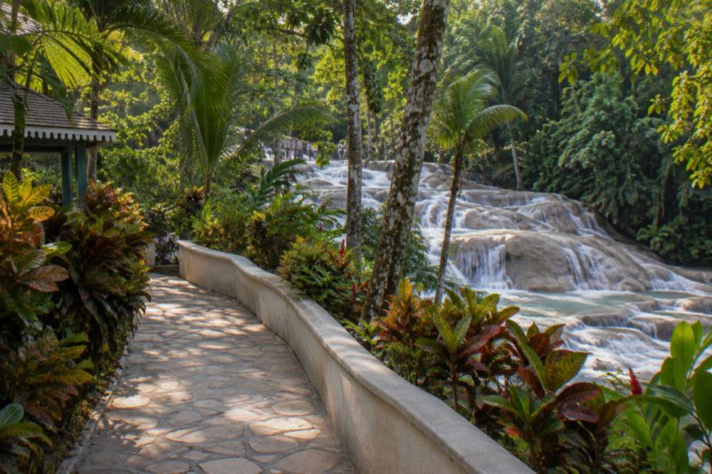 Lush tropical gardens along a paved path beside a waterfall