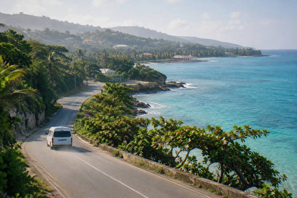 Coastal highway curving along a shoreline with turquoise water
