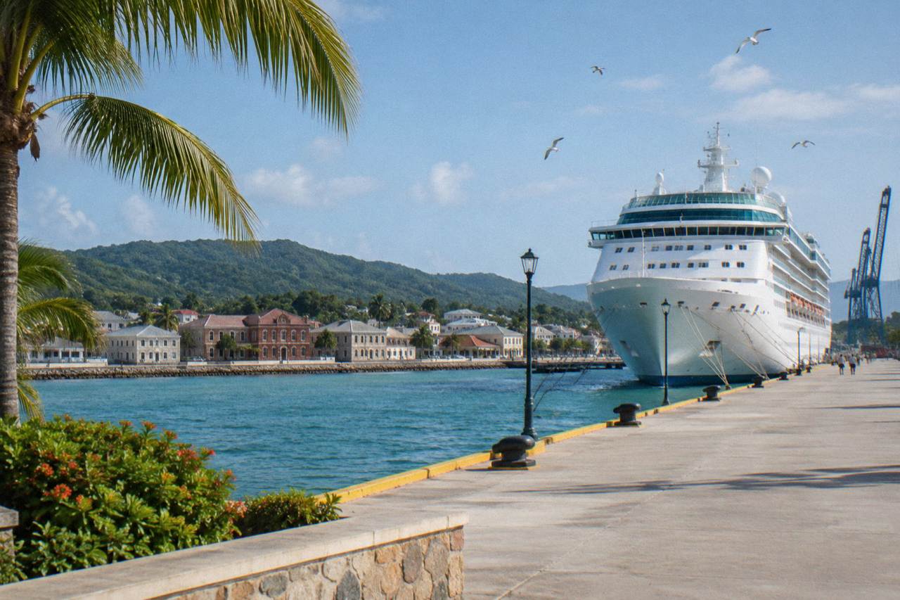 Cruise ship docked at a Caribbean port town with Georgian buildings along the waterfront