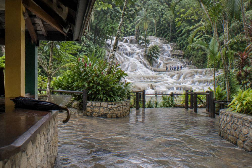 Ticket counter and entrance path at a Jamaican waterfall park with green foliage