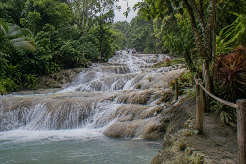 Water tumbling down wide limestone terraces surrounded by tropical greenery