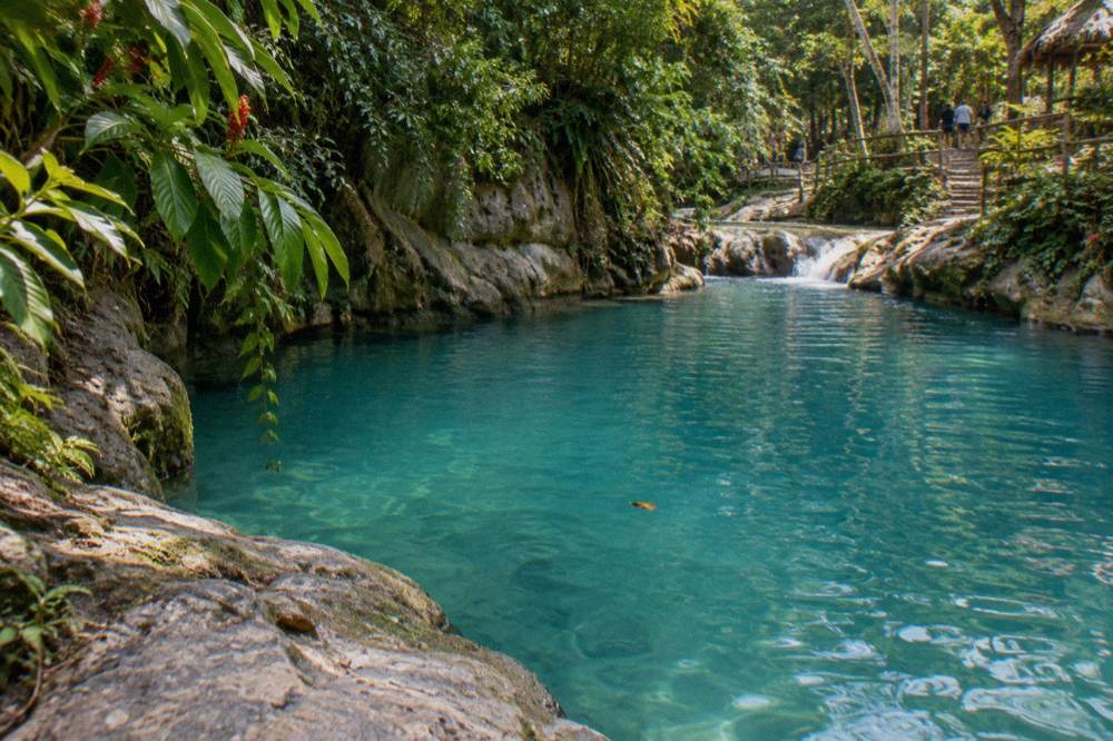 Turquoise swim hole surrounded by jungle foliage near Ocho Rios