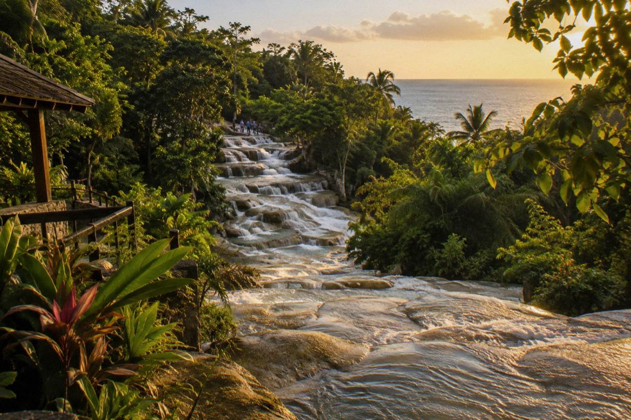 Terraced waterfall cascading through a green tropical gorge toward the Caribbean sea