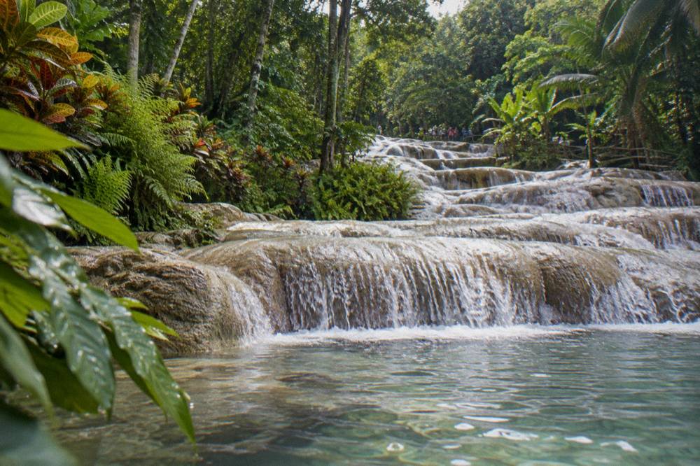 Cascade of water spilling over smooth rock terraces into a clear pool ringed by tropical plants