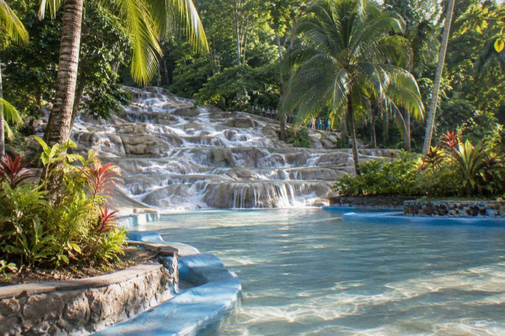 Shallow children's water play area beside a tropical garden and palm trees