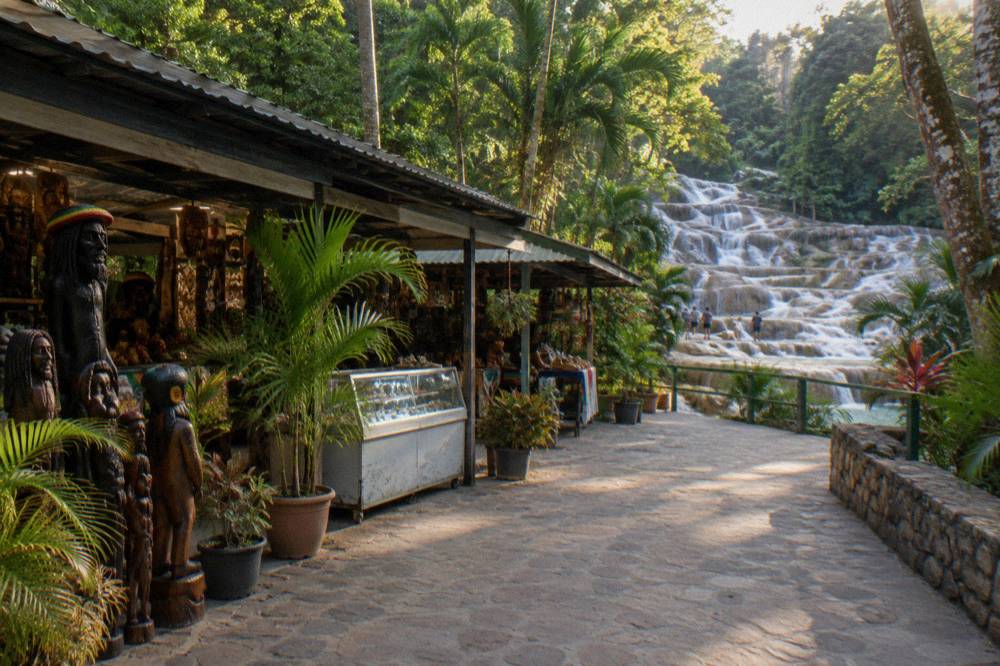 Wooden signpost and shop stalls along a paved path in a tropical park