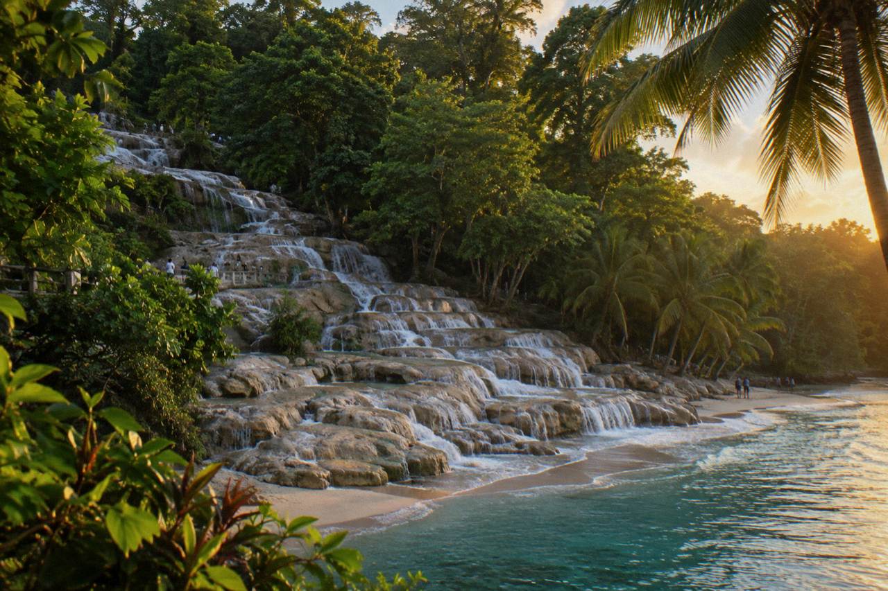 Terraced waterfall cascading through a green tropical park toward a small sandy beach