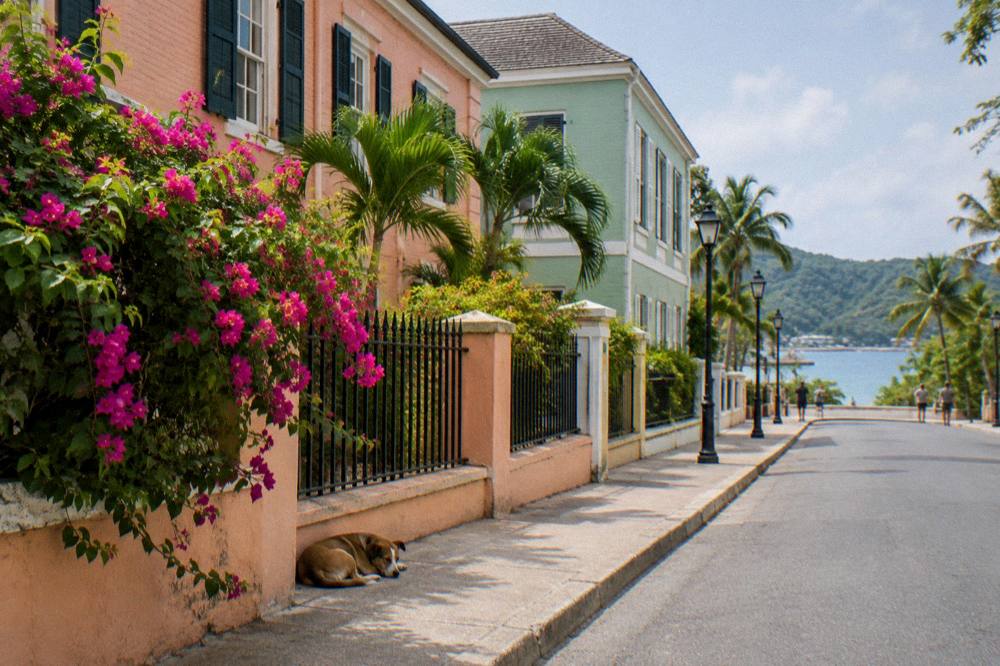 Georgian stone buildings painted in pastel colors along a quiet Caribbean town street