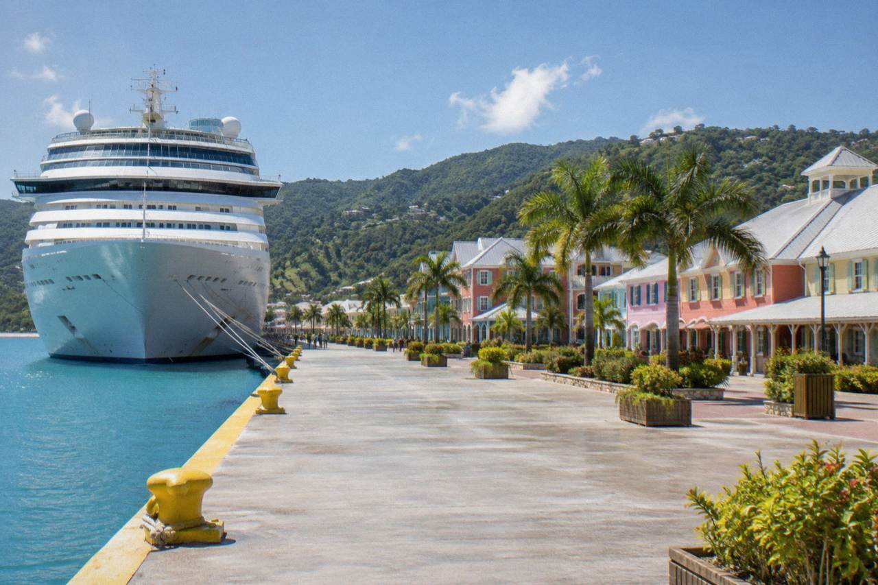 Cruise ship docked at a Caribbean port town with Georgian buildings along the waterfront