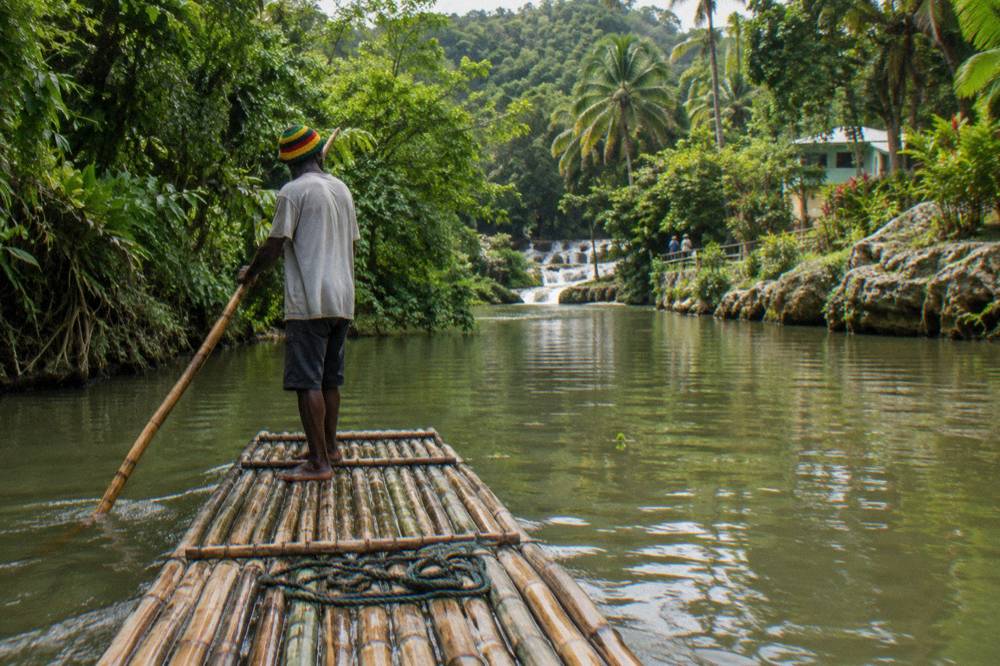 Bamboo raft drifting along a calm jungle river between overhanging green trees