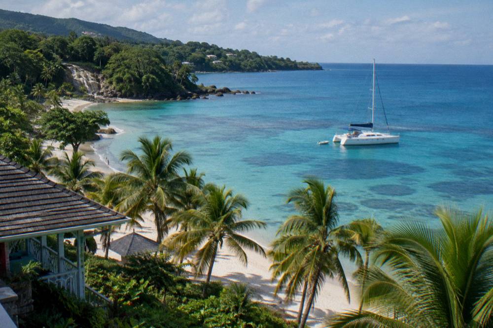 Catamaran anchored over a turquoise reef near a palm-lined beach